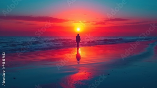 Sunset Serenity, Walking Along the Shore, Reflections of a Solitary Figure, A Silhouette Against a Vibrant Sky.