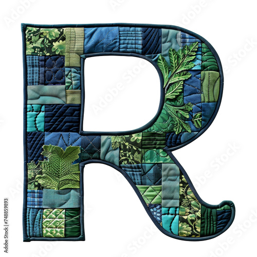 Quilted Patch Letter R Isolated on Transparent or White Background, PNG photo