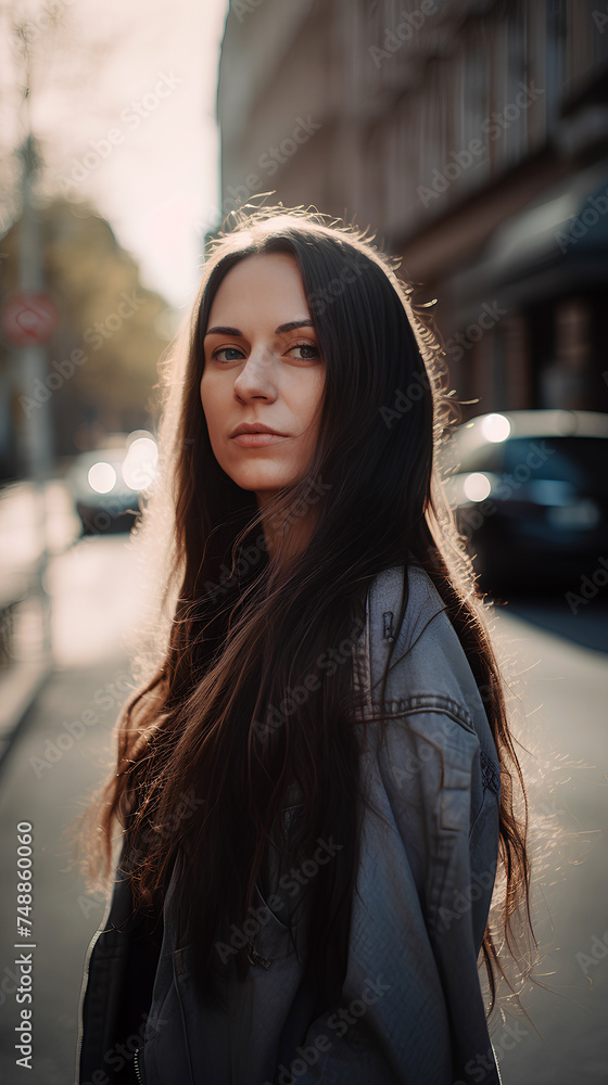 Young beautiful woman with long dark hairs wearing jeans jacket  standing on the street.
