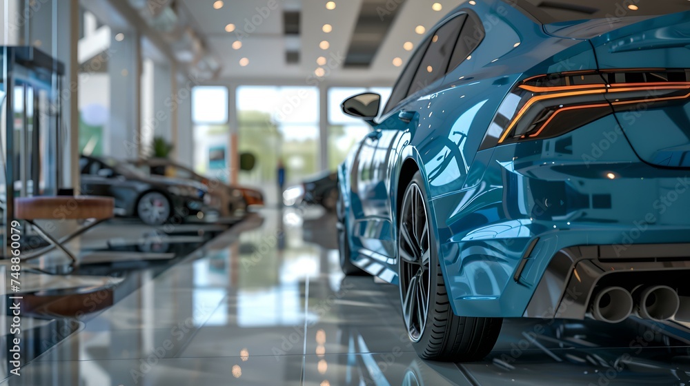 Shiny blue sports car exhibited in a modern showroom. automotive luxury and design displayed. stylish vehicle buying experience. perfect for car enthusiasts. AI