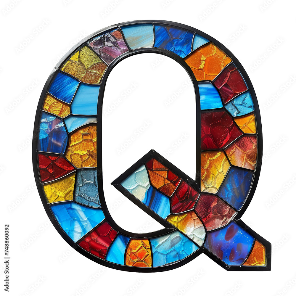 Letter Q Stained Glass Isolated on Transparent or White Background, PNG
