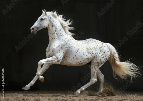 A thoroughbred horse of white color with spots. Horseback Riding.
