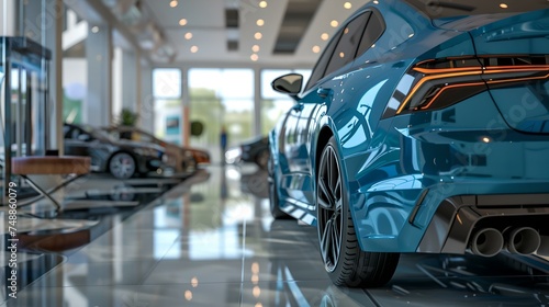 Shiny blue sports car exhibited in a modern showroom. automotive luxury and design displayed. stylish vehicle buying experience. perfect for car enthusiasts. AI