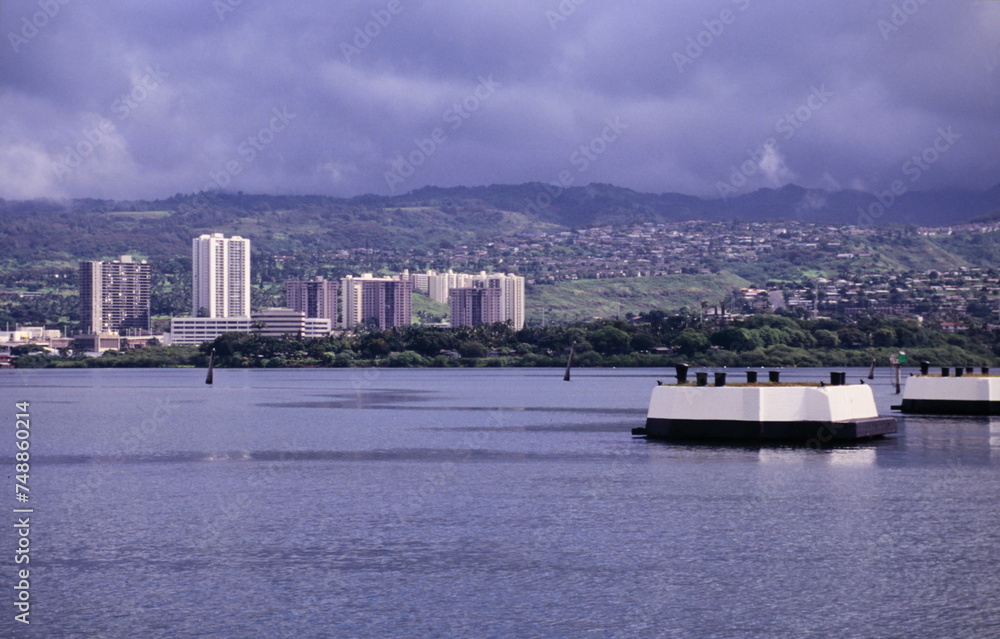 View of The USS Arizona national historic memorial and Pearl Harbor HONOLULU, HAWAII, USA during early 1990s