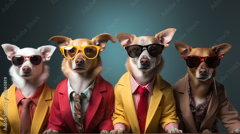 Group of funny dogs with human bodies on color background - obrazy, fototapety, plakaty 