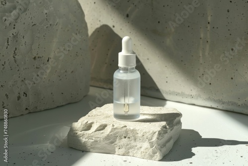 Translucent bottle, skin care serum, dropper mouth, stone stage background below