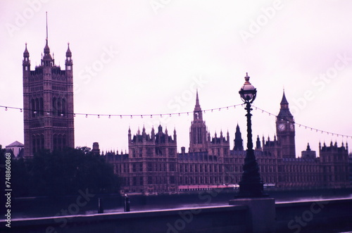 Looking toward the Big Ben and the House of Parliament along the River Thames in London during early 1990s