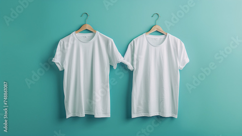 Men's white blank T-shirt template, two sides, natural shape on invisible mannequin, for your design mockup for print, isolated on blue background. Set Mockup of a white oversized t-shirt 3D  © Sweetrose official 