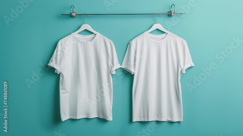 Men's white blank T-shirt template, two sides, natural shape on invisible mannequin, for your design mockup for print, isolated on blue background. Set Mockup of a white oversized t-shirt 3D 