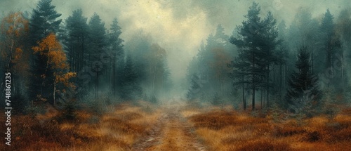 Autumn Path, Misty Forest Trail, Golden Leaves on Trees, Foggy Forest Road. photo