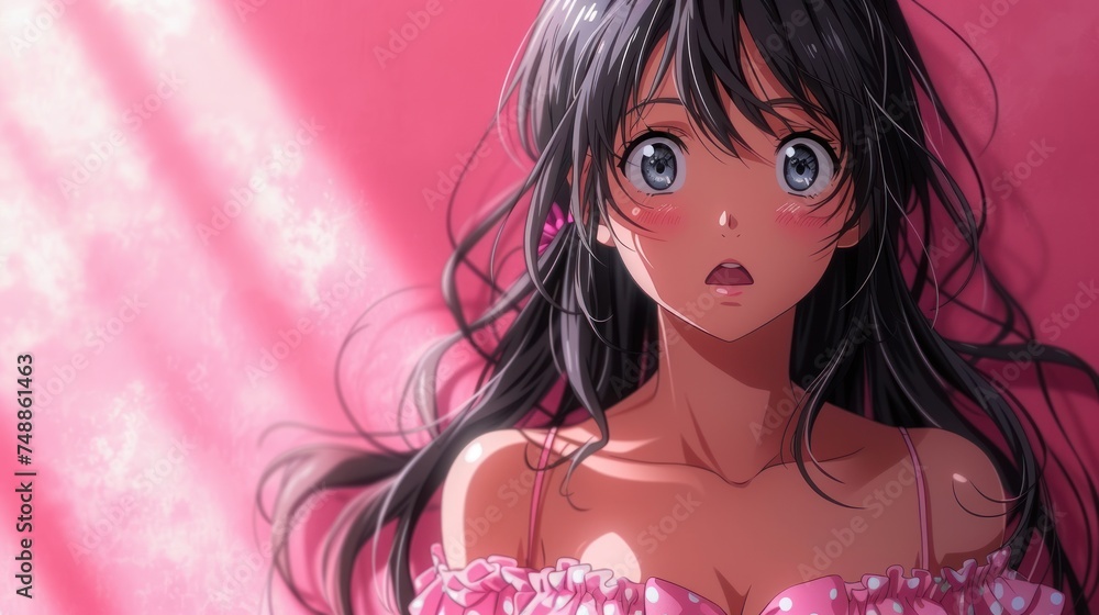 Pink Sunlight, Surprised Expression, Pink Flower Dress, Eyes Wide Open. Pink Sunlight, Surprised Expression, Pink Flower Dress, Eyes Wide Open.