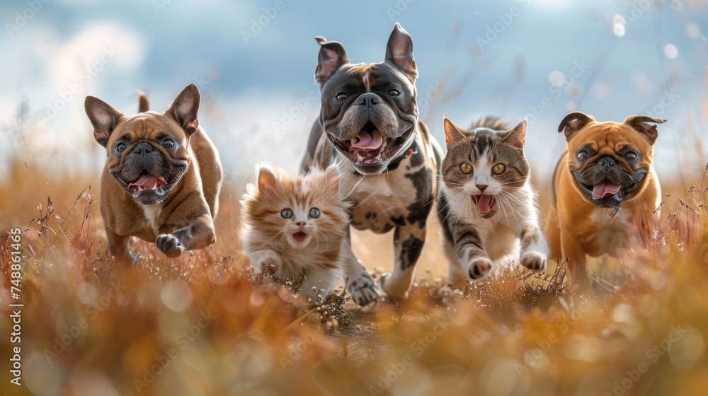 Joyful Dogs Running Together in a Field. A pack of diverse joyful dogs runs energetically through a grassy field, with a clear blue sky above. Joyful Dogs Running Together in a Field. A pack of diverse joyful dogs runs energetically through a grassy field, with a clear blue sky above.