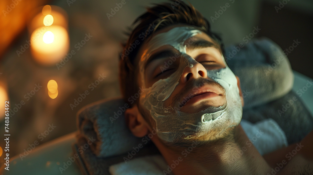 Handsome man with a beauty mask on his face relaxes in the spa Handsome man with a beauty mask on his face relaxes in the spa
