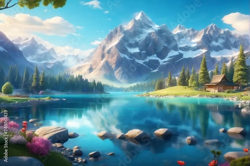 Experience the beauty of a cartoon landscape like never before. With a stunning mountain range and a shimmering lake, this scene is brought to life with a unique blend of styles and textures