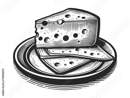 Detailed vintage drawing of cheese wheel with slices, wheat, and peppercorns on serving plate. Sketch style generative ai vector illustration. Scratch board imitation. Black and white image.