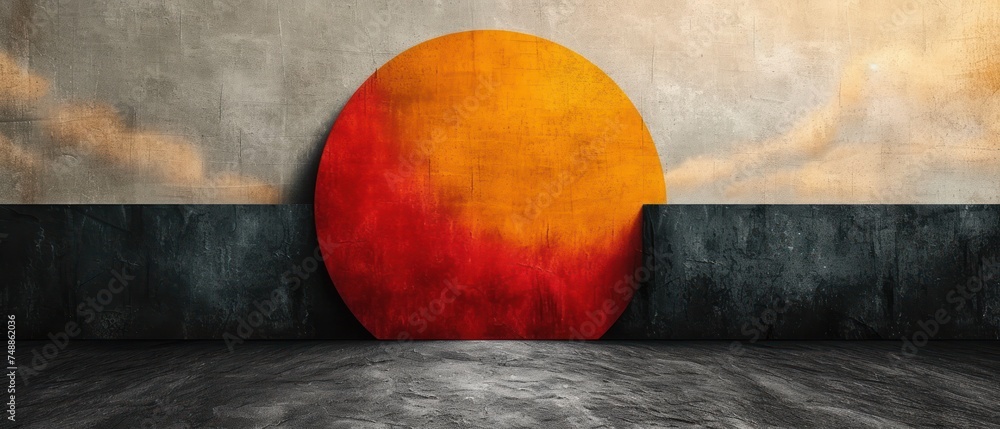 Sunset on a Wall, A Red Sun in the Sky, The Setting Sun, Glowing Orange Sun. - obrazy, fototapety, plakaty 