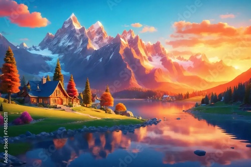 A whimsical world of cartoon mountains and a serene lake in this vibrant landscape. Watch as the sun sets behind the towering peaks, casting a warm glow over the peaceful village below.