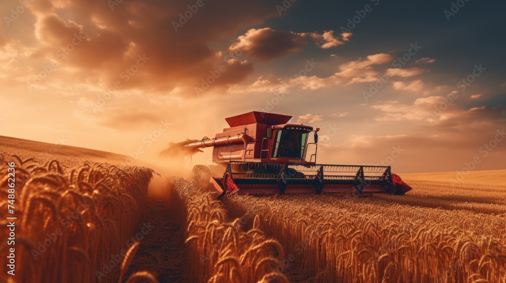 Fototapeta premium Golden harvest. multiple combine harvesters threshing wheat in a vast agricultural field