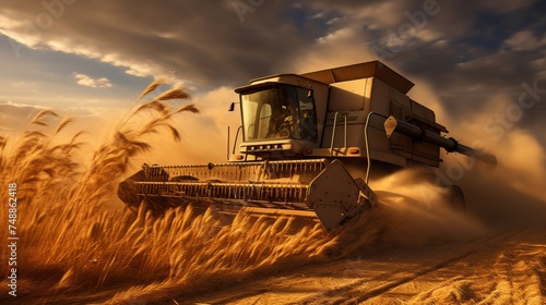 Multiple combine harvesters efficiently threshing wheat in a vibrant golden field