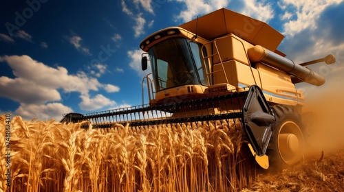 Agricultural scene. combine harvesters threshing wheat field on a sunny day in a rural farm