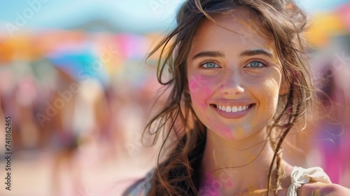During Holi color festival, a young girl is happy and smiling