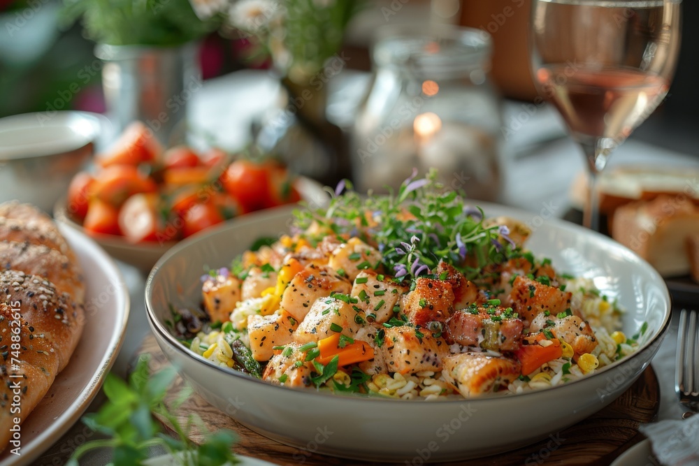 Close-up of a salmon salad, beautifully presented against the backdrop of an intimate and warm dinner setting Close-up of a salmon salad, beautifully presented against the backdrop of an intimate and warm dinner setting