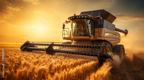 Aerial view. combine harvesters efficiently threshing golden wheat in vast agricultural field photo