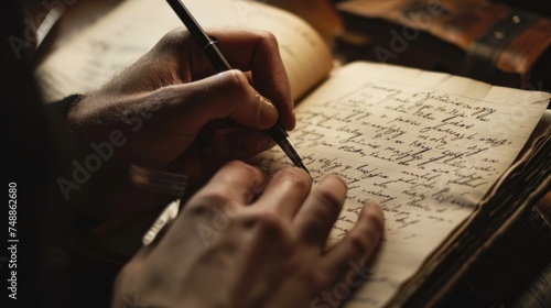 Close up male hand writing down letters on a piece of diary recording a journal or diary entry or writing a novel.  photo