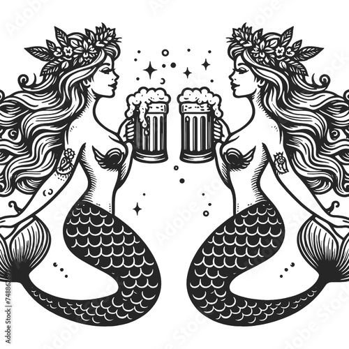two mermaids with flowing hair, toasting with frothy beer mugs, adorned with marine flora. Lady sketch engraving generative ai fictional character vector illustration. Scratch board imitation.