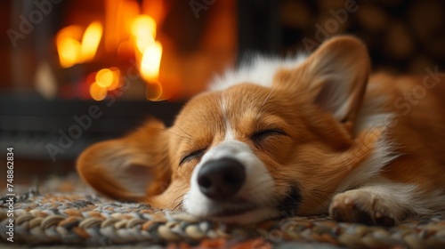 a pembroke welsh ccorgi sleeping on a rug, beside an unlit fireplace, 