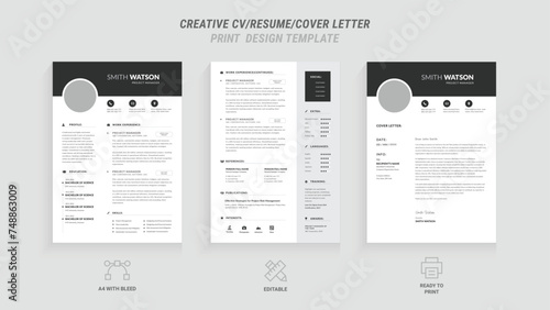 Present yourself professionally with our Minimal Resume, Cover Letter Page Set. Featuring a clean, modern design with a dark sidebar. Ideal for business job applications and multipurpose photo