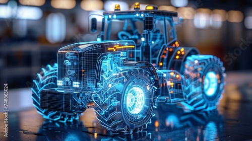 A detailed holographic projection of a tractor with blue light outlines and accents.
