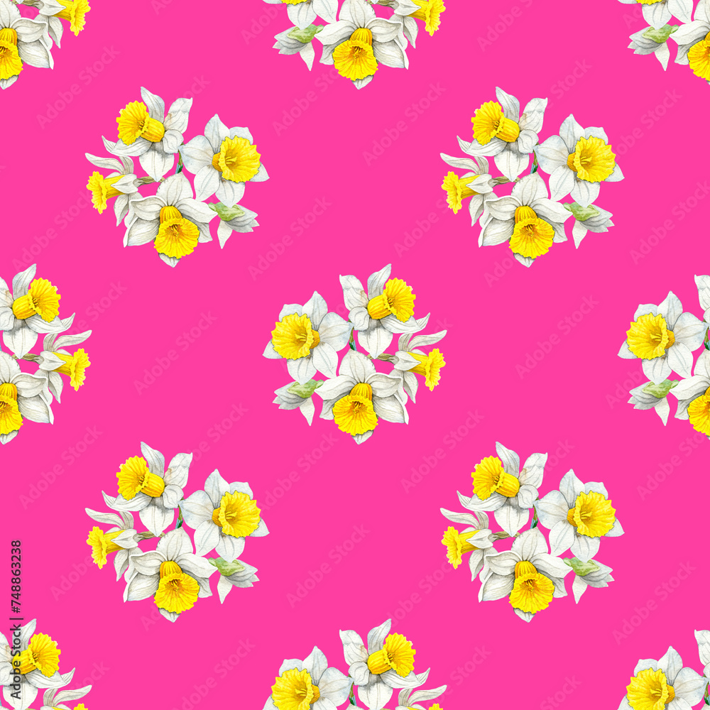 Watercolour daffodils spring flowers decor illustration seamless pattern. On pink background. Seasonal. Hand-painted. Botanical Floral elements. For interior print decoration, fabric, wrapping. 