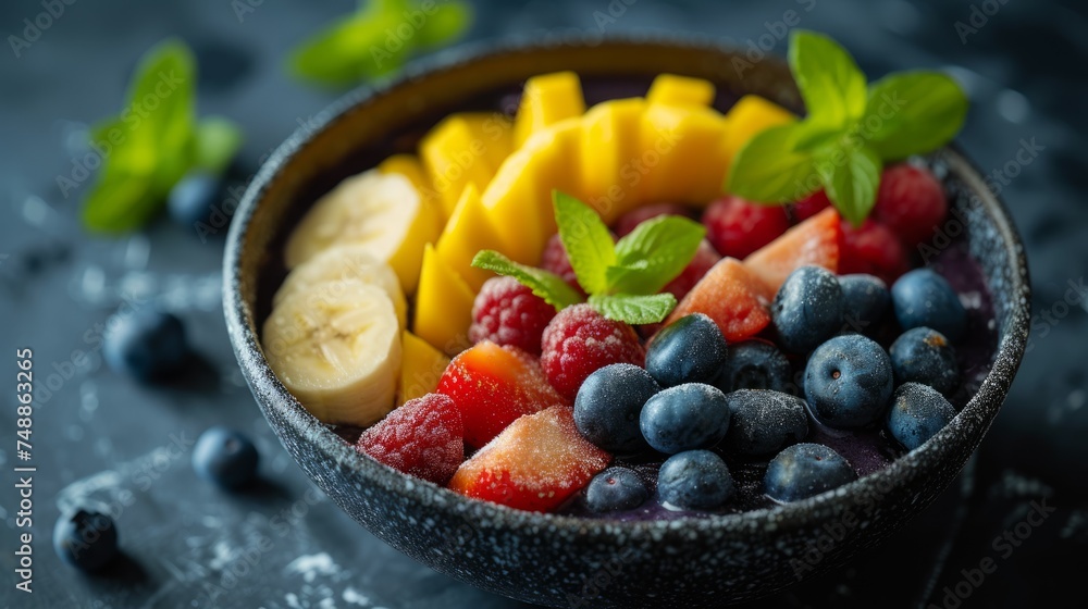 Healthy breakfast bowl with yogurt, fresh berries, mango, banana and granola on a dark background.