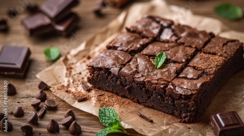 Homemade chocolate brownies on rustic wooden background  selective focus