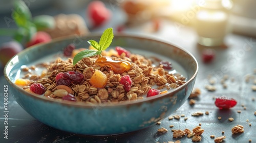Healthy breakfast bowl with yogurt, fresh berries, mango, banana and granola on a dark background.