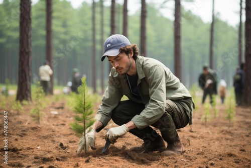 Foresters cultivating and planting young trees to restore and preserve the forest ecosystem