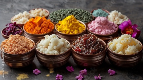 Greeting card featuring Indian traditional sweets and salty food, flowers and powder colors arranged over a white background. photo