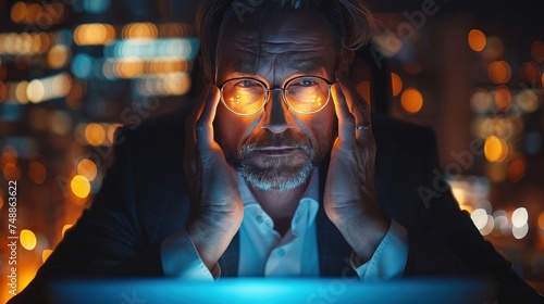 Overtired and overwhelmed businessman at workplace inside office, man took off glasses rubbing eyes, dizziness migraine and headache, man in business suit working late with laptop. photo