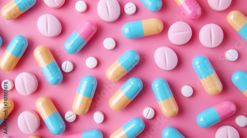Colorful pills and capsules on colorful background. Top and side view, flat lay