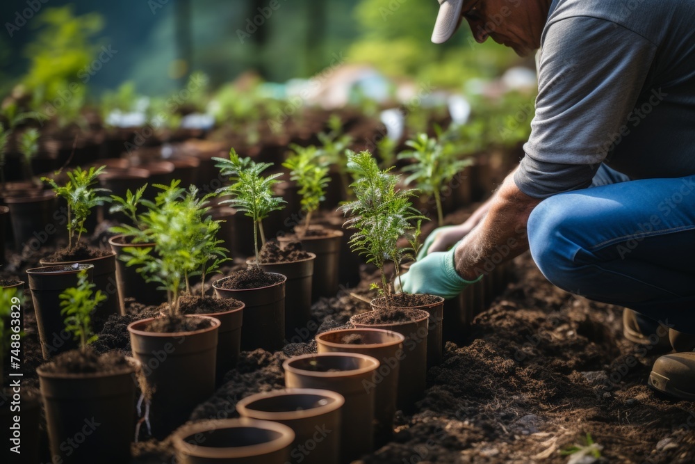 Fototapeta premium Reforestation efforts. foresters planting young trees for environmental conservation