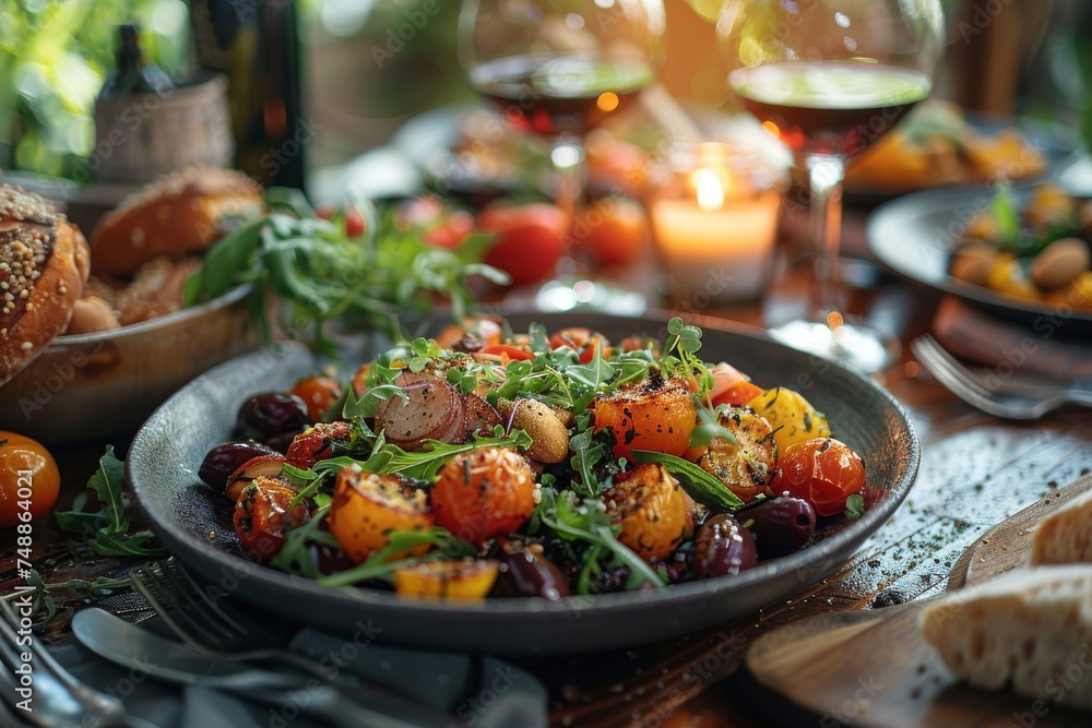 A vivid gourmet salad served on a wooden table with soft lighting, wine, and an inviting ambience A vivid gourmet salad served on a wooden table with soft lighting, wine, and an inviting ambience