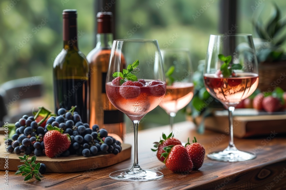 An inviting array of rosé wine with surrounding fresh berries and grapes, perfect for an elegant summer evening