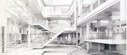 A black and white abstract drawing of a multilevel building with stairs and windows. The intricate design showcases the architectural details of the public space. photo