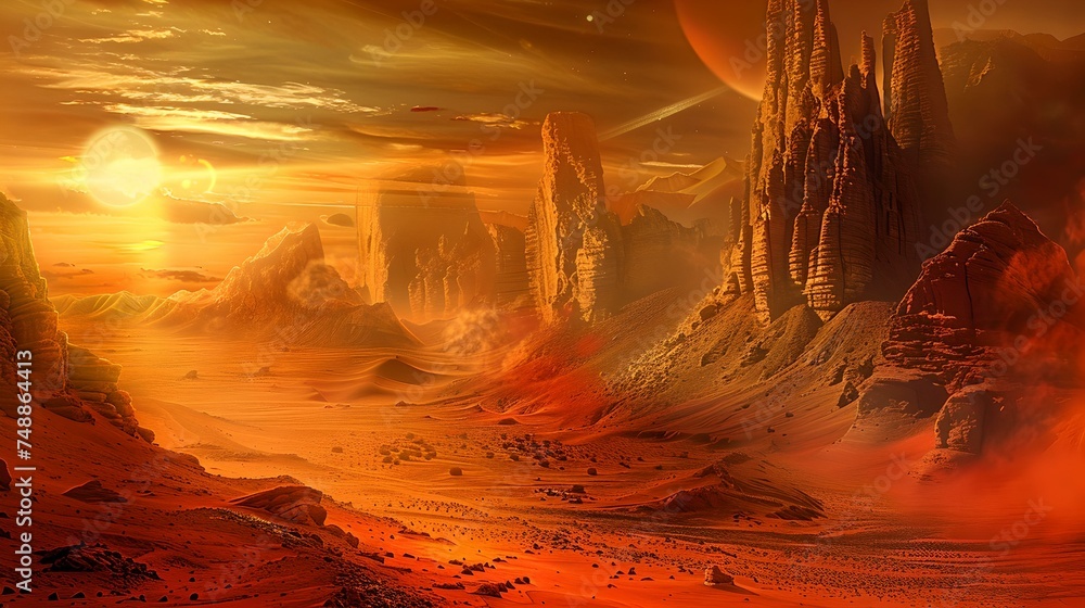 Majestic alien landscape under a warm sunset, depicting a sci-fi world ...
