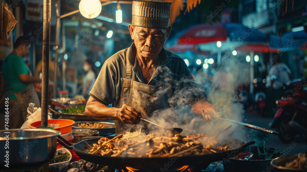 Elderly man intensely preparing food at a busy street food stall, showcasing cultural cuisine Elderly man intensely preparing food at a busy street food stall, showcasing cultural cuisine
