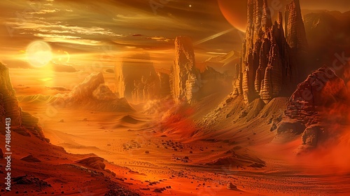 Majestic alien landscape under a warm sunset, depicting a sci-fi world. ideal for backgrounds and concept art. surreal and captivating. AI photo