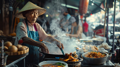A local street food vendor expertly prepares meals in a busy Asian market, capturing culinary culture and tradition