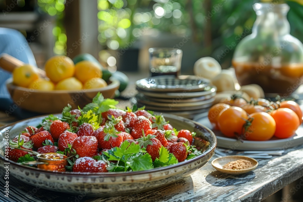 A vibrant and fresh display of strawberries on a rustic plate, surrounded by herbs and other fruits on a table