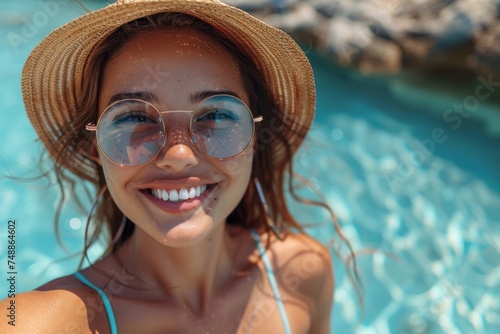 Cheerful young woman with sunglasses in a crystal-clear pool smiling at the camera